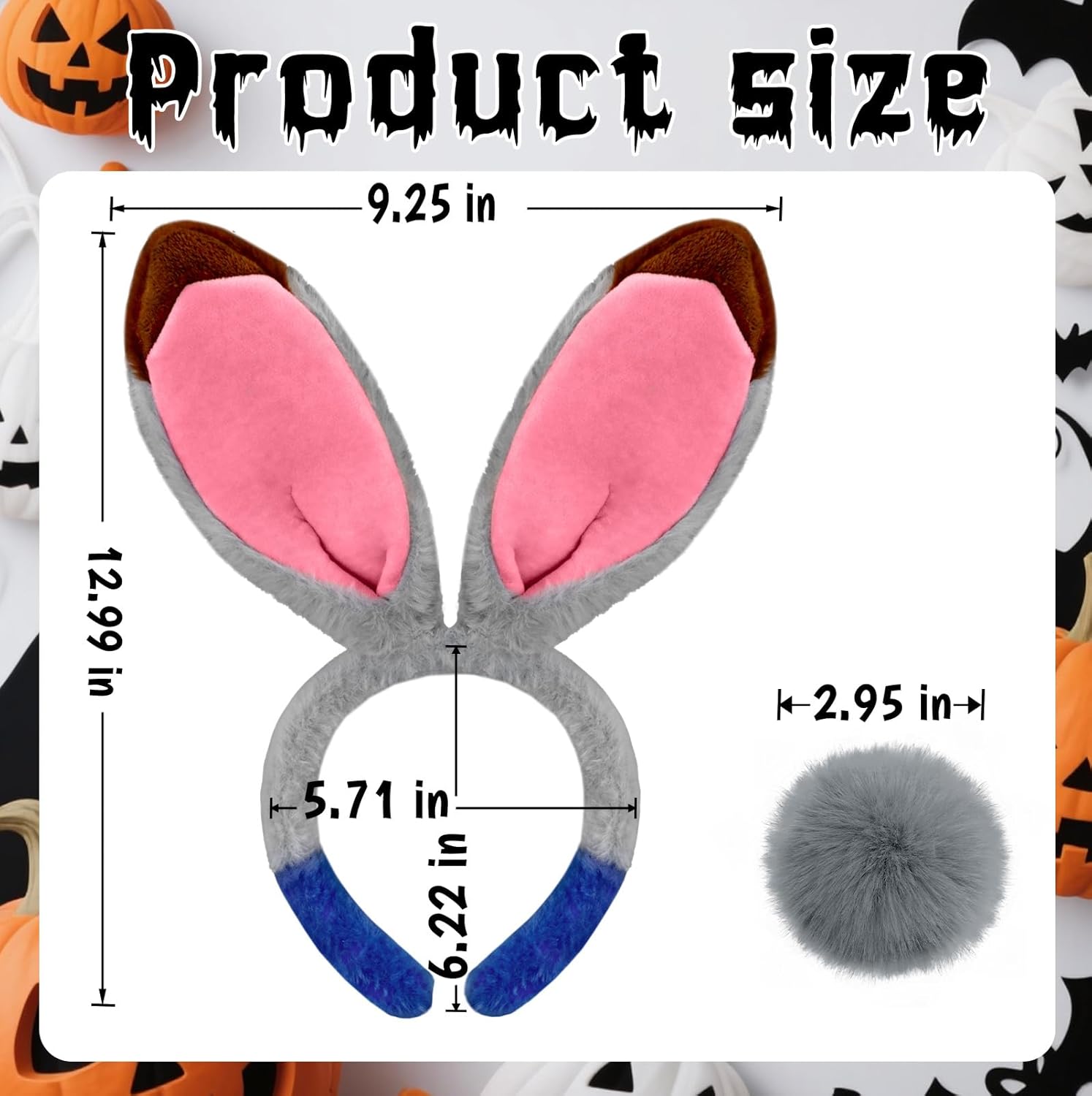 Voiiake Grey Bunny Ears Headband and Tail Set, Bunny Costume Accessories for Women Adult, Plush & Bendable Gray Rabbit Ears for Halloween Party Cosplay - Image 2