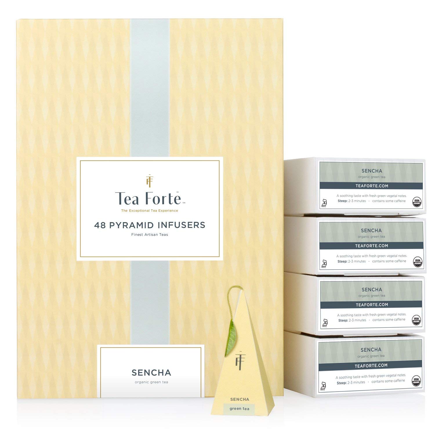 Tea Forte Sencha Green Tea Event Box, Bulk Pack of 48 Pyramid Infuser Tea Sachets for All Occasions