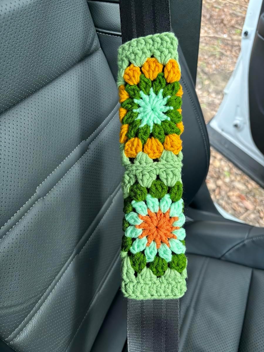 Crochet Sunflower Steering Wheel Cover,Cute Seatbelt Cover,Women Car Interior Accessories Decorations (A,Wheel Cover+2 Belt Cover+Rainbow)