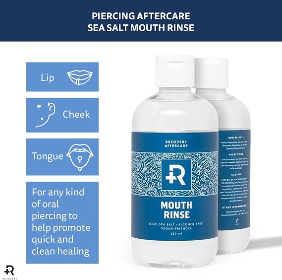 Recovery Aftercare Oral Piercing Aftercare Sea Salt Mouth Rinse - Alcohol Free Healing Solution Saline Mouthwash, 8 Ounces, Case of 12
