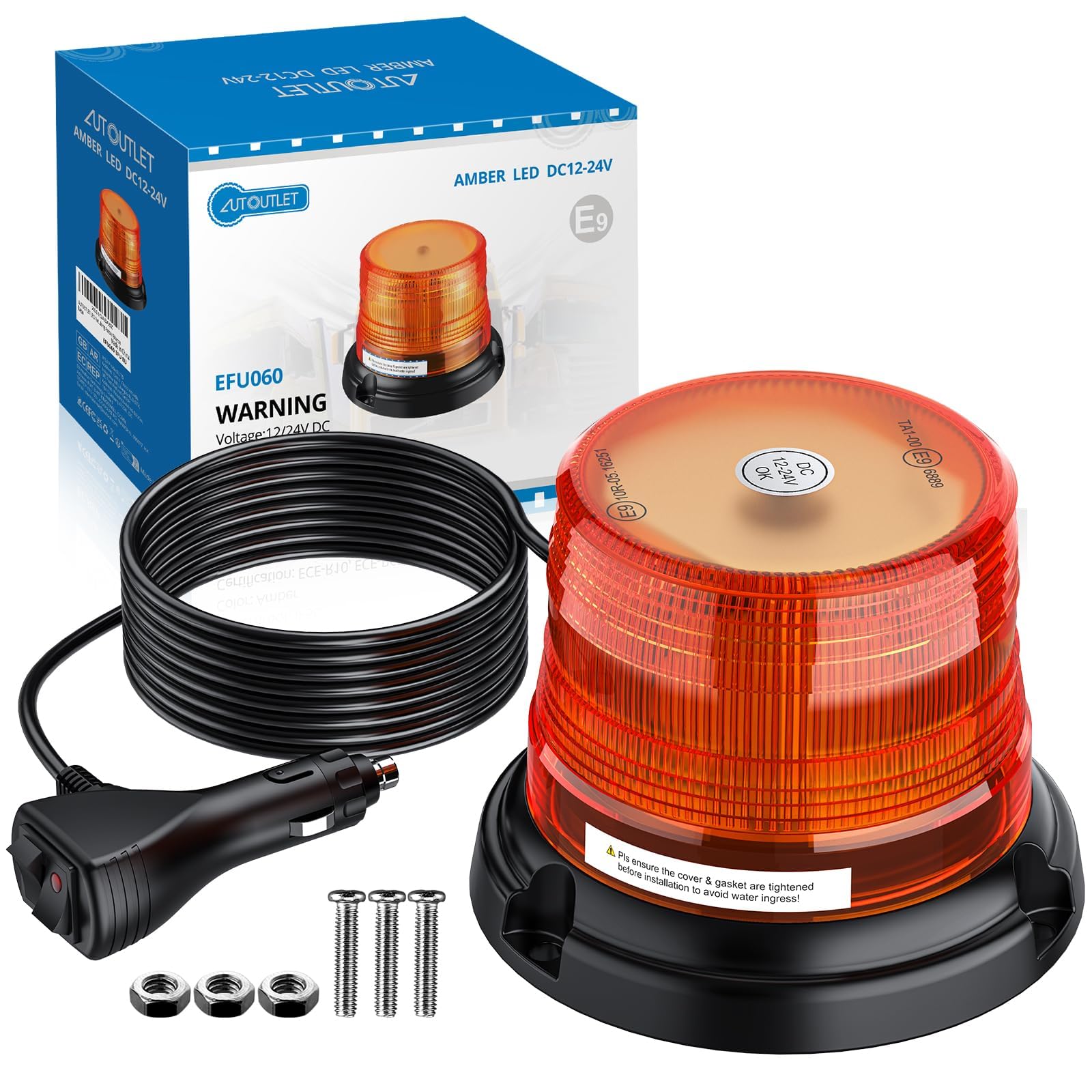 AUTOUTLET Lampa dookoła 12 diod LED, żółta, 10 V-30 V, magnetyczna lampka ostrzegawcza, 32 tryby świecenia, kabel 5 m, E9, IP56, światło ostrzegawcze, światło ostrzegawcze, światło stroboskopowe