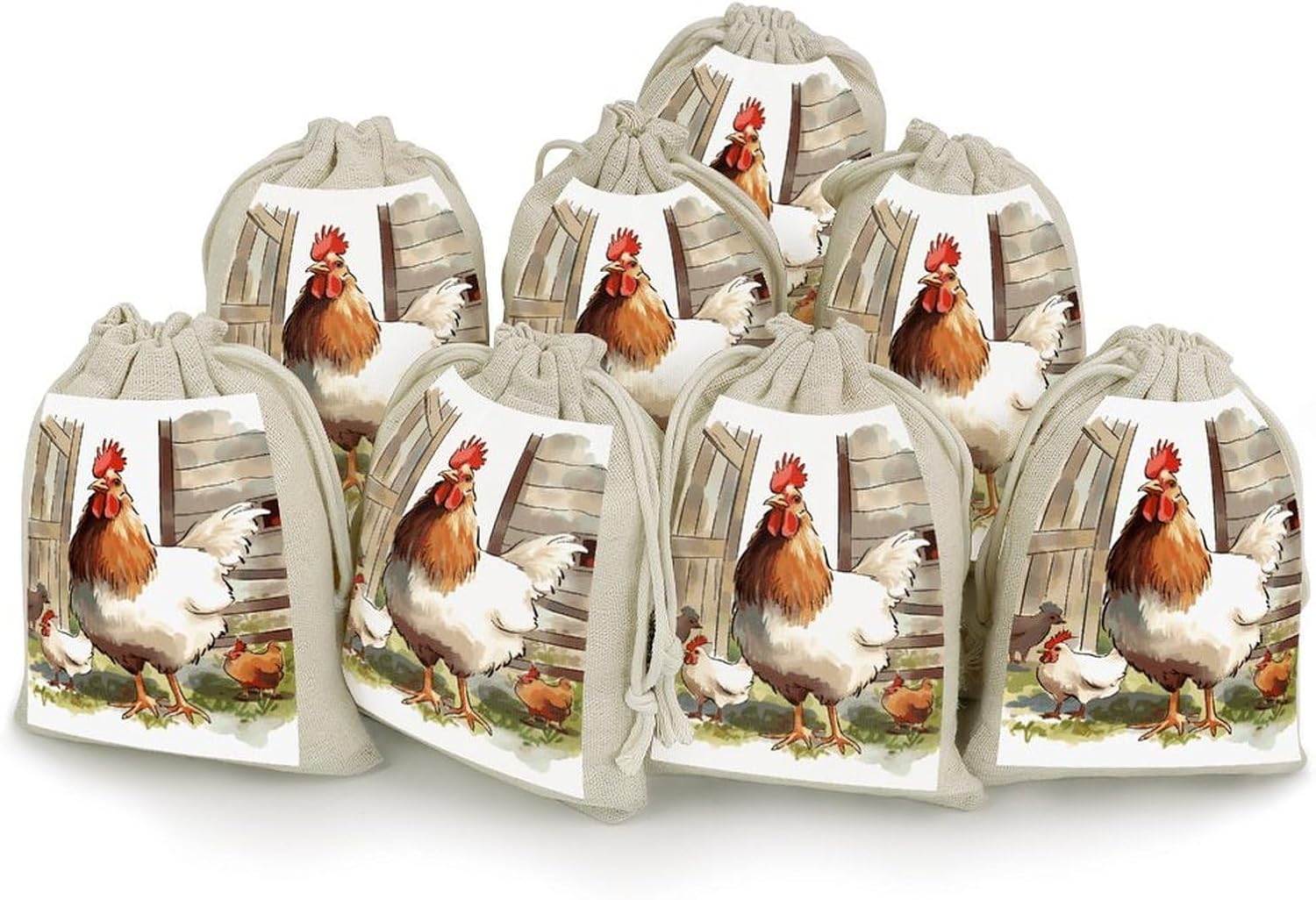 FekiLoot Farm Animals Cotton Linen Drawstring Bags Pack of 8