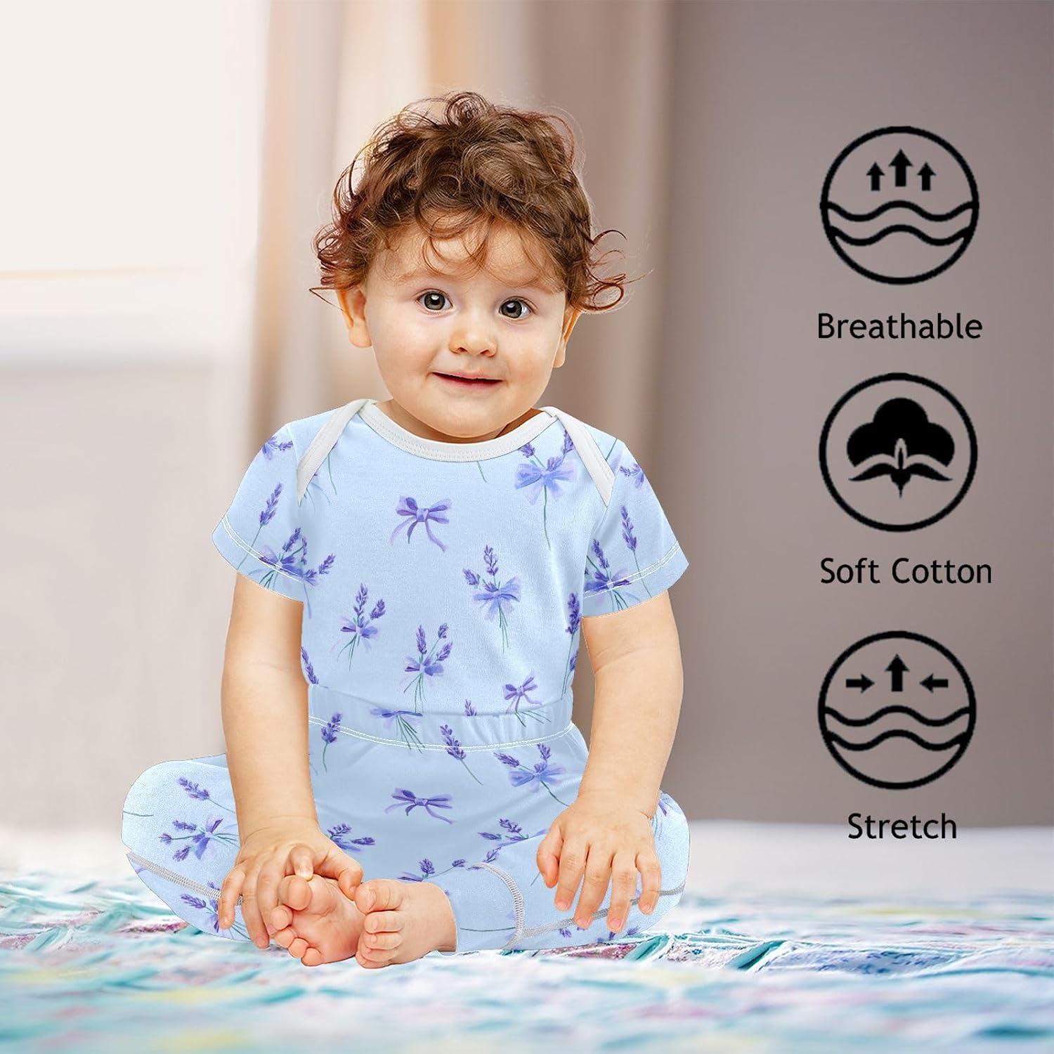 vvfelixl Baby Clothes Lavender Flowers Bows Baby Bodysuits Set Unisex Short Sleeve Babys Pants Sets 0-3M