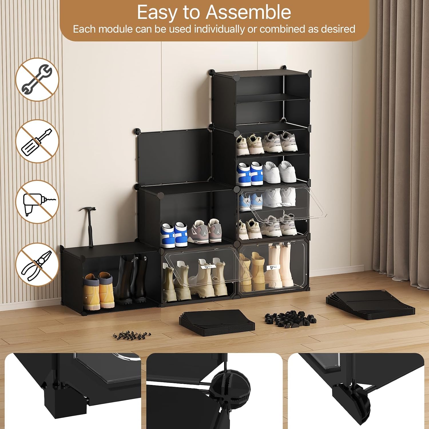 Black 10 Tier Large Modular Shoe Storage Cabinet with Magnetic Doors