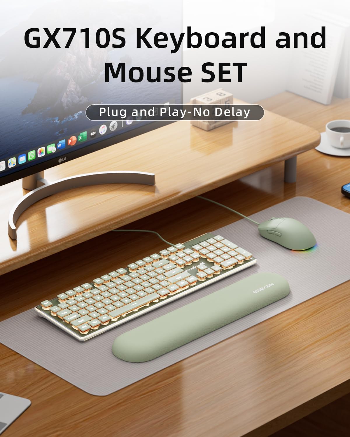 EWEADN GX710S Wired Keyboard and Mouse Combo with Wrist Rest, Warm Backlit Ergonomic Keyboard, Silent Computer Keyboard with Pudding Keycaps, 1600 DPI RGB Mouse, Plug & Play for for Laptop/PC-Green