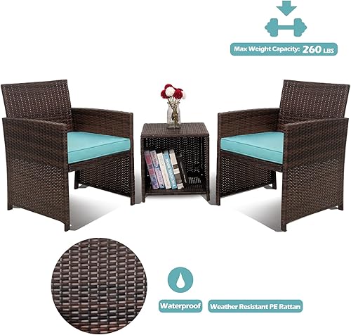 Miniatura 7 de Cpintltr Juego de 3 muebles de mimbre para patio al aire libre, juegos de conversación de patio, silla de ratán de polietileno con cojines suaves,