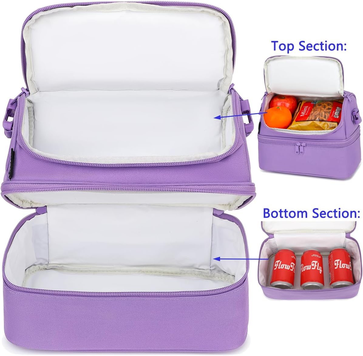 FlowFly Double Decker Cooler Insulated Lunch Bag Large Tote for Boys, Girls, Men, Women, with Adjustable Strap,Purple - Image 4