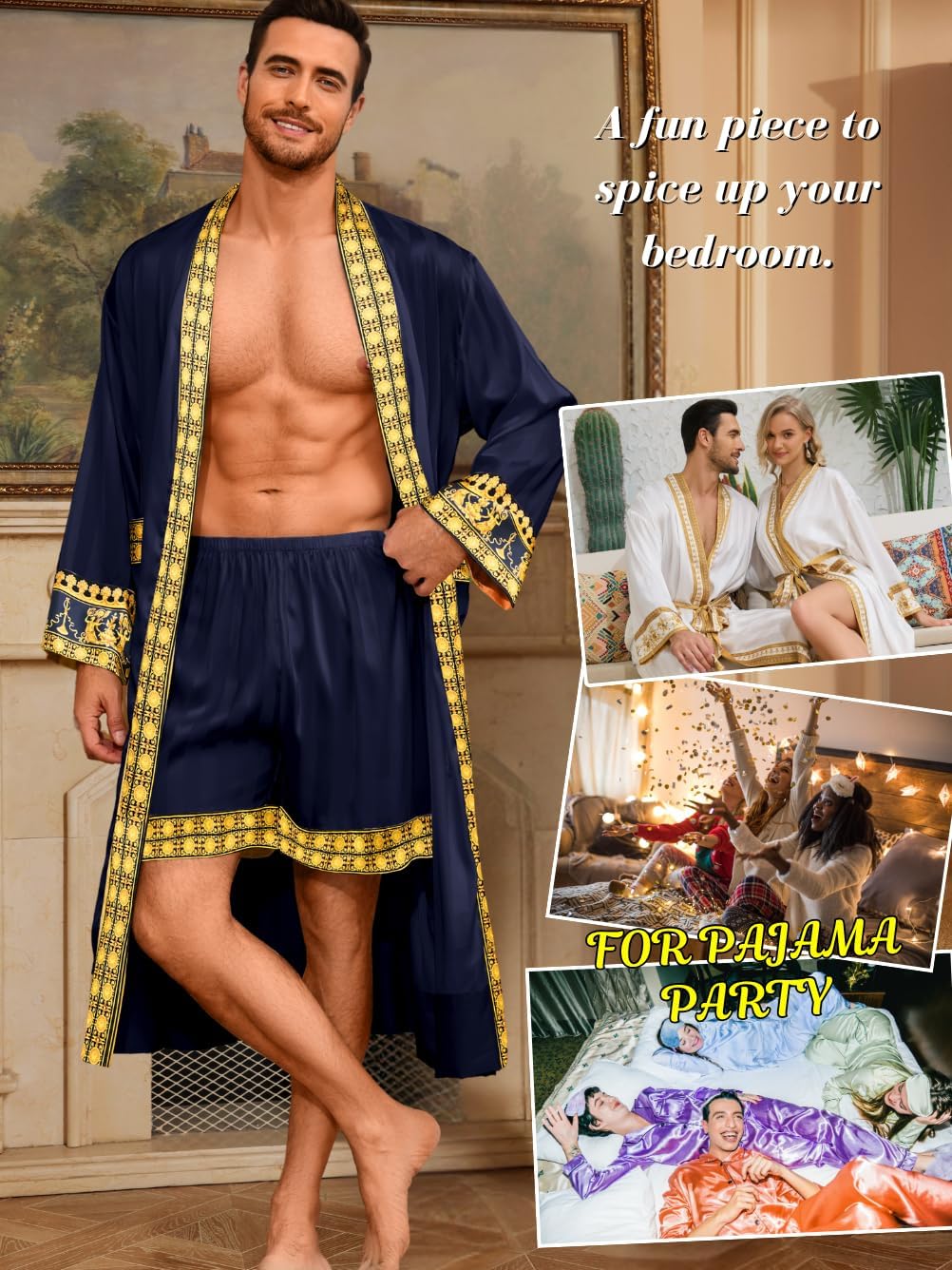 Men's Luxury Silky Robe & Shorts Set, 2PC Lightweight Satin Pajamas with Pockets, Opulent Baroque Kimono Gifts - Image 7
