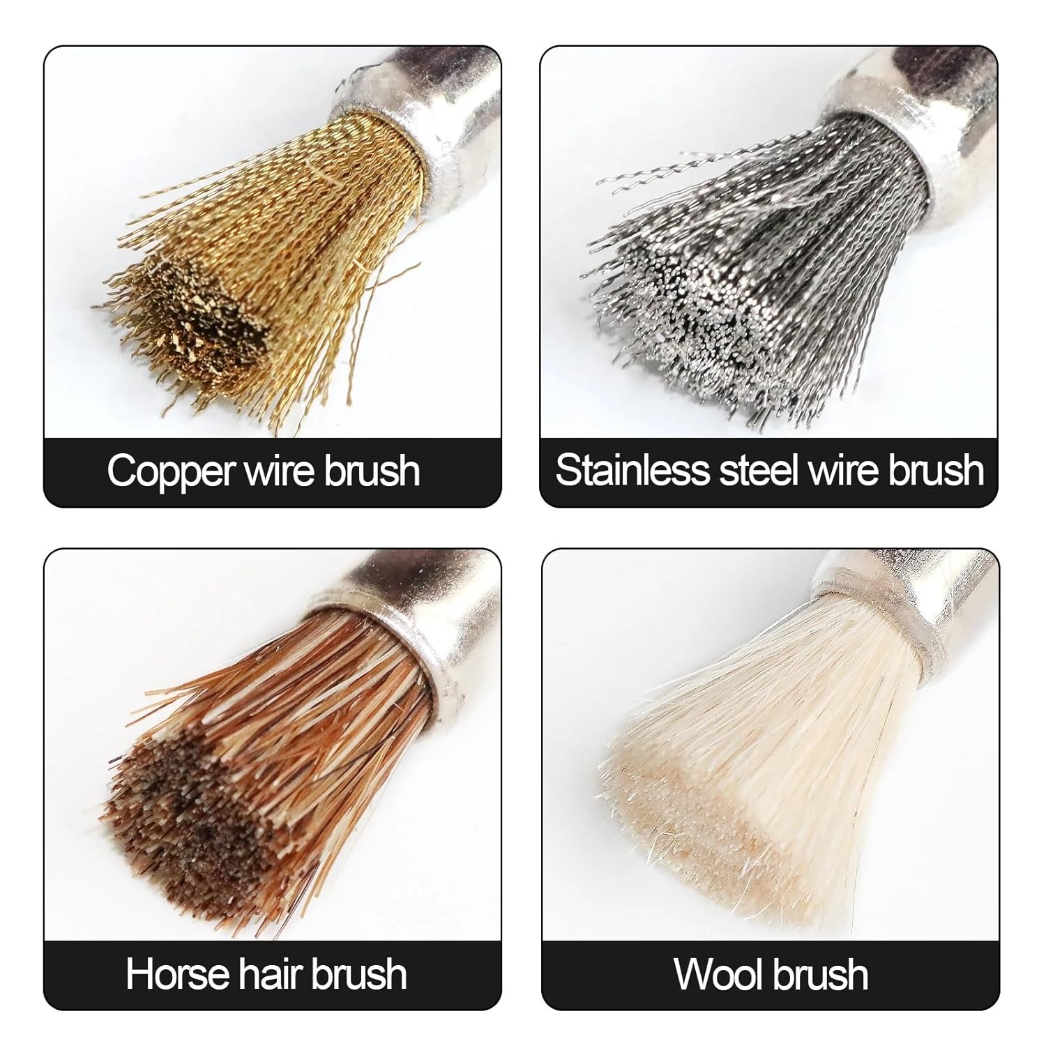 Stainless Steel Wire Wheel Brush Set Brass Wool 3mm Shank for Rotary Tool Metal Working Polishing Brush Abrasive Tool(10pcs Horse Hair,53x8x3mm)