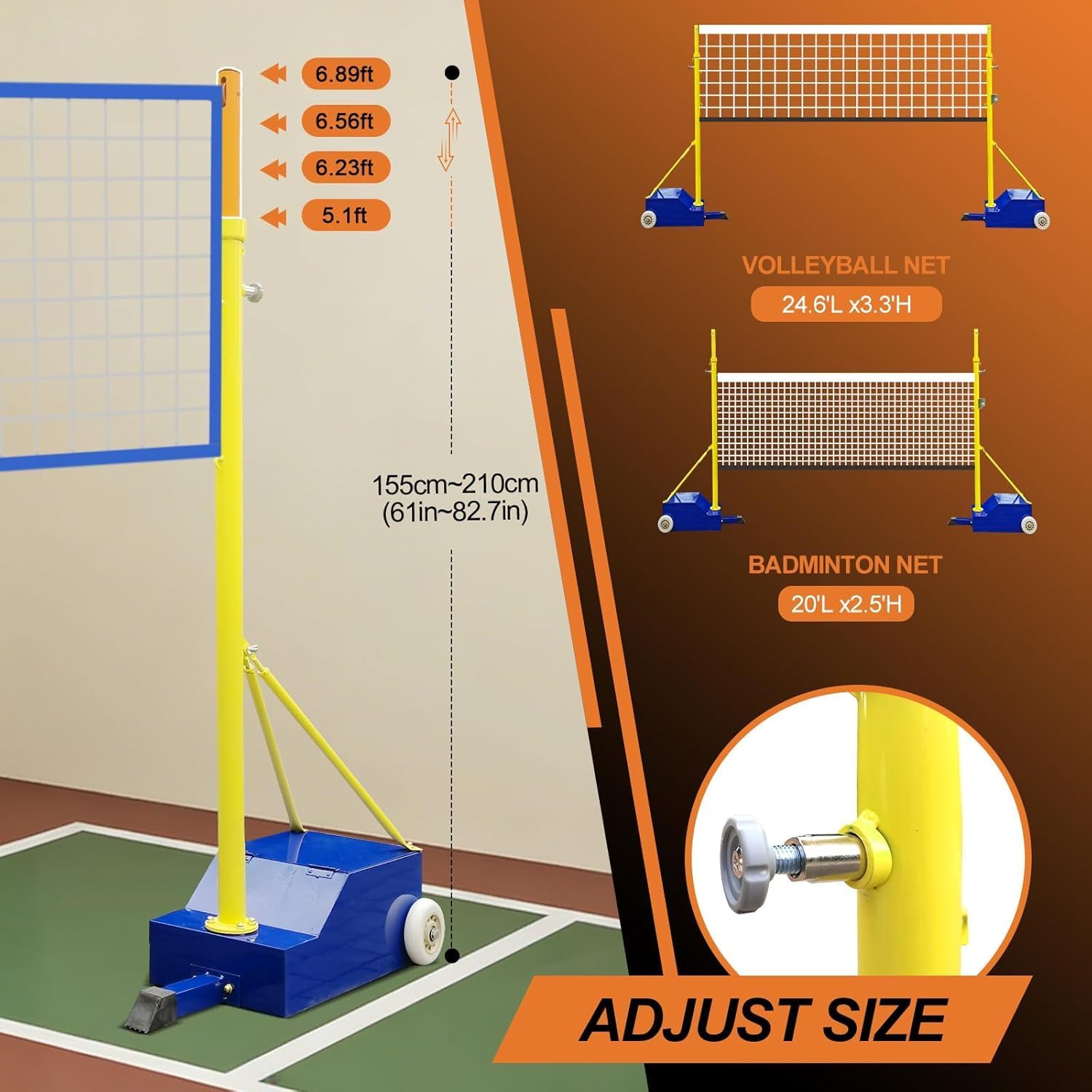 Adjustable Dual-Sport Net System W/Wheels - Heavy-Duty Volleyball & Badminton Set for Backyard, Indoor & Outdoor Use | 4 Height Options (5ft-6.9ft)