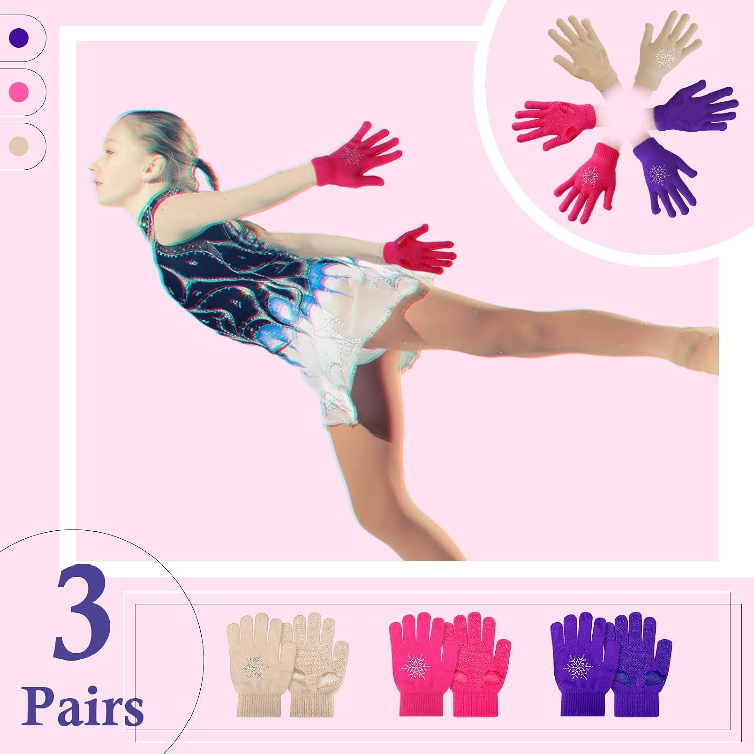 Jiuguva 3 Pairs Ice Skating Gloves for Kid Girl Figure Skating Accessories Gloves with Snowflake Rhinestone