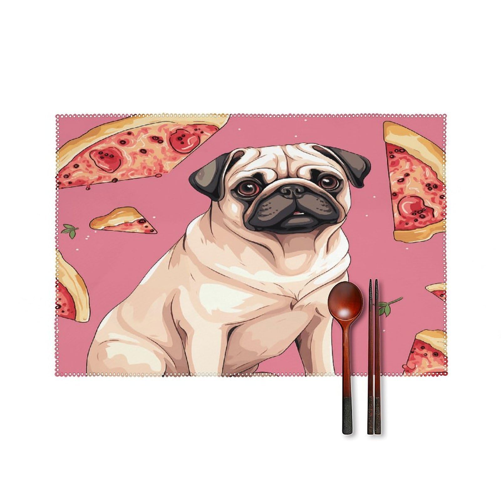 Pug Pizza Pink Placemats Set of 4 Heat Resistant Non-Slip Place Mats for Dining Table Washable Placemat Wipeable Dining Table Mat Canvas Place Mats Dining Table Decor