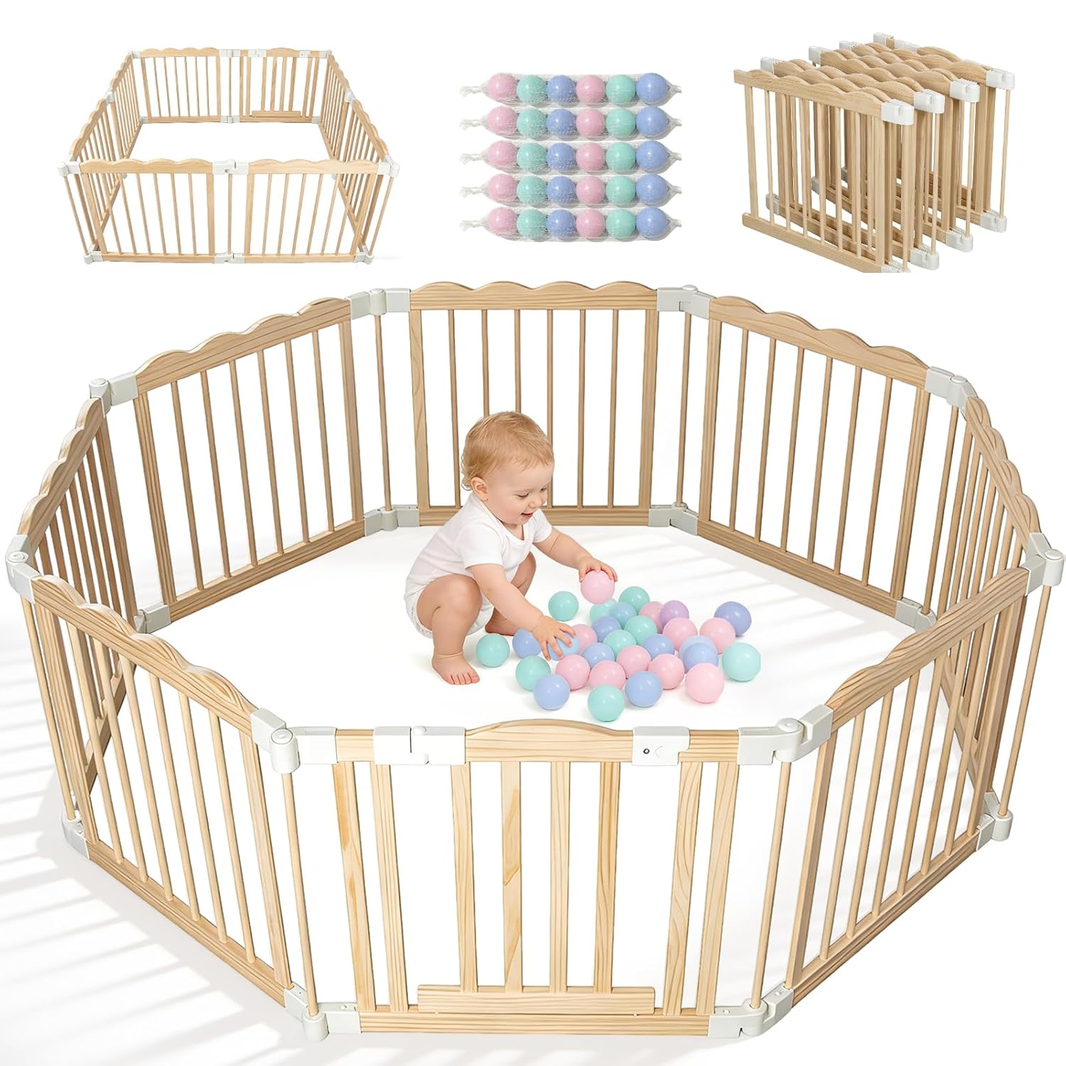 KISKIZ Foldable Wooden Playpen, Pre-Assembled Solid Wood Playpen for Babies and Toddlers, Large Baby Fence Play Area with Locking Gate, Indoor Baby Play Yard, Adjustable Size & Shape, 60 x 60 x 24 in