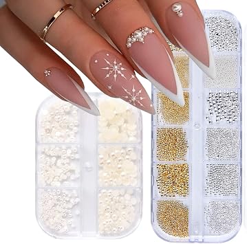 2 Boxes Nail Art Pearls Flatback Pearl - Gold Silver Nail Art Caviar Beads 3D Steel Metal Nail Charms Half Round Pearl Rhinestone Luxurious Design Nail Decoration DIY Crafts Jewelry Manicure Accessory