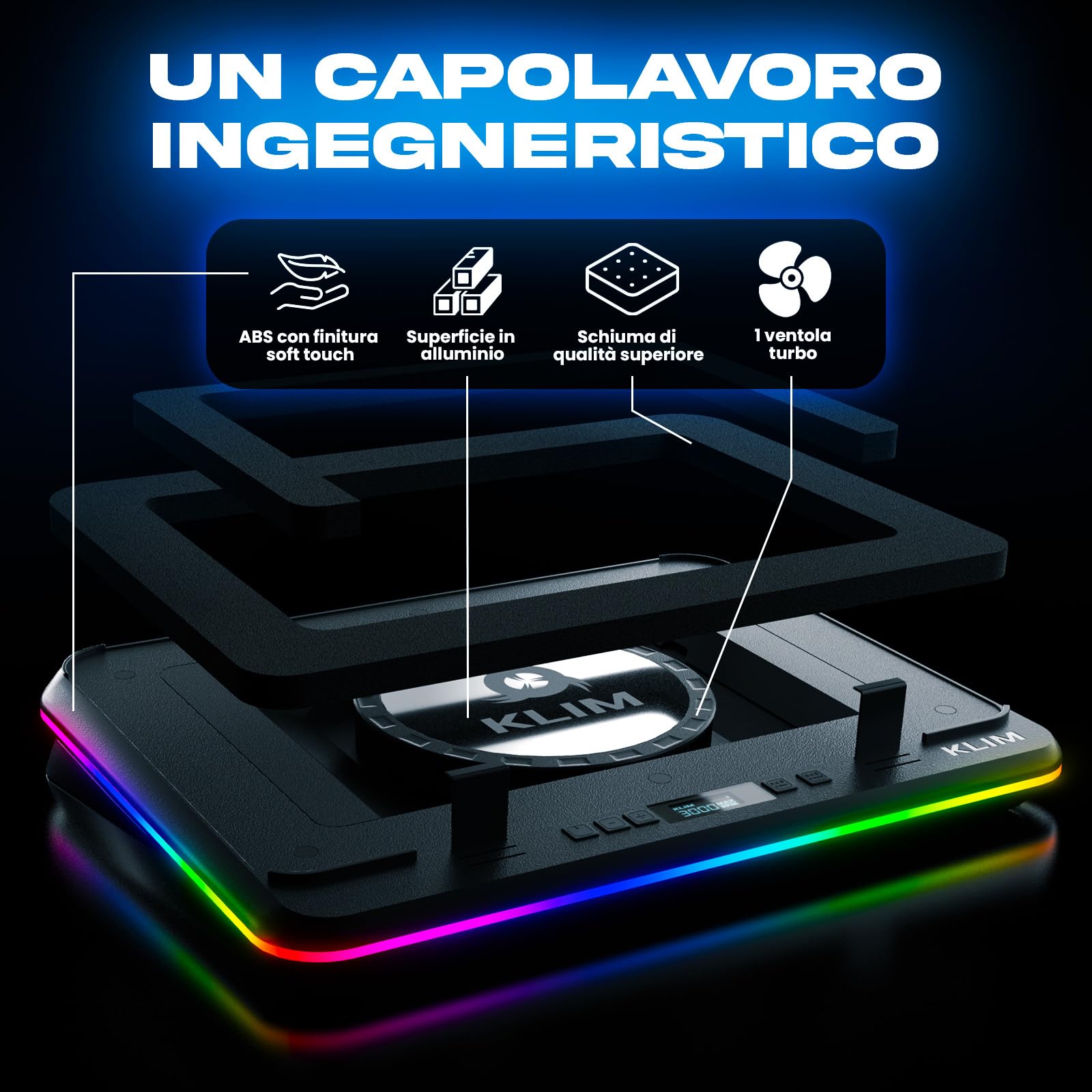 KLIM Turbofrost MAX Base di Raffreddamento per PC Portatile RGB 15.6-17 Pollici