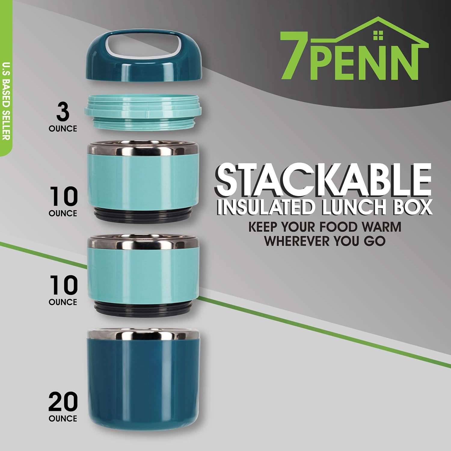 7Penn Insulated Lunch Box Containers 43 oz Capacity - 3 Tier Stackable Stainless Steel Thermal Lunch Box - Keep Warm Cylinder Adult Portable Insulated Lunch Container Set for Hot Food on the Go - Image 2