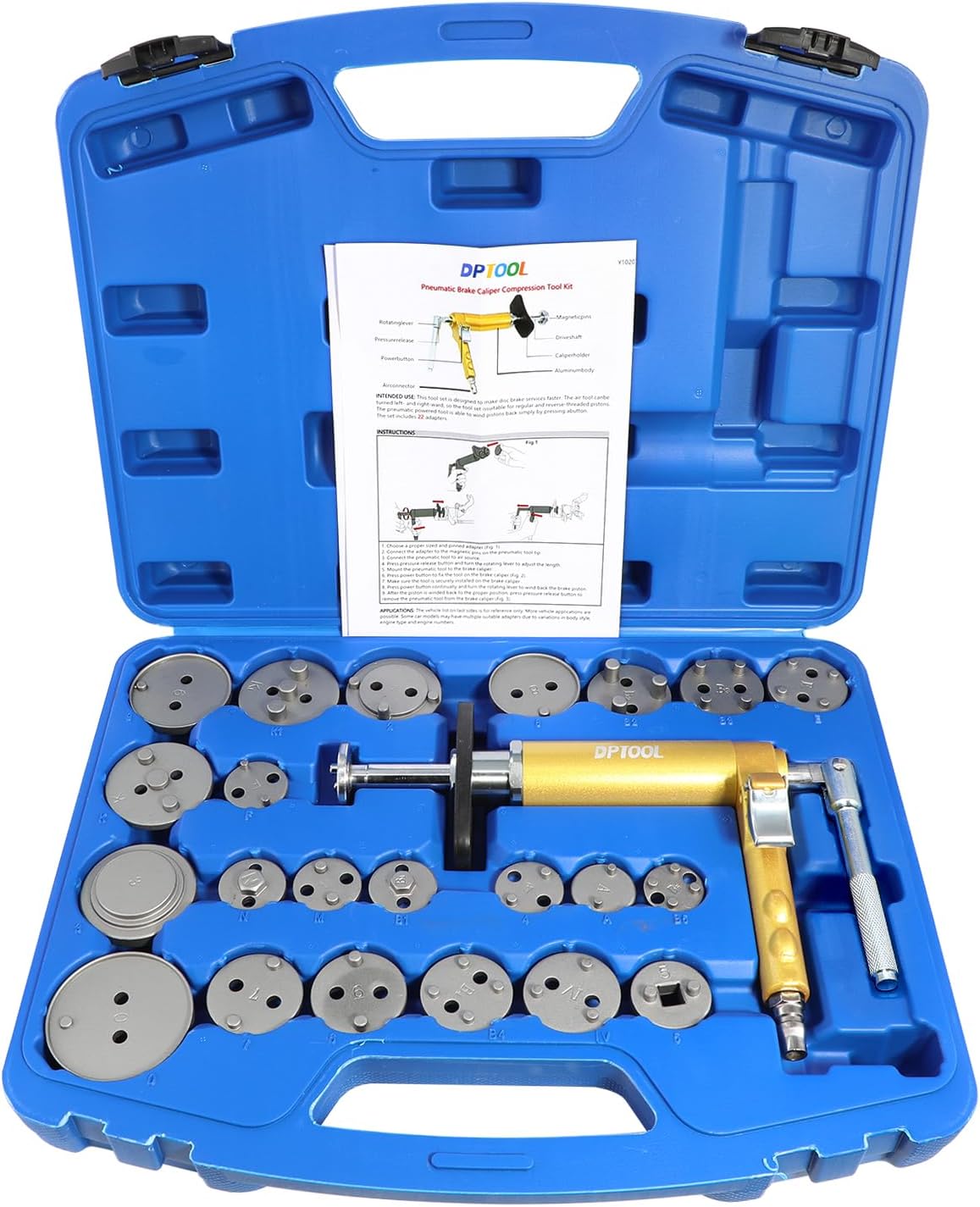 DPTOOL 23Pc Pneumatic Brake Caliper Compression Tool Kit Air Brake Caliper Piston Pad Wind Back Adjustment Tool with 22pc Adapters