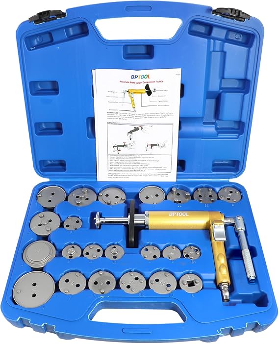 DPTOOL 23Pc Pneumatic Brake Caliper Compression Tool Kit Air Brake Caliper Piston Pad Wind Back Adjustment Tool with 22pc Adapters
