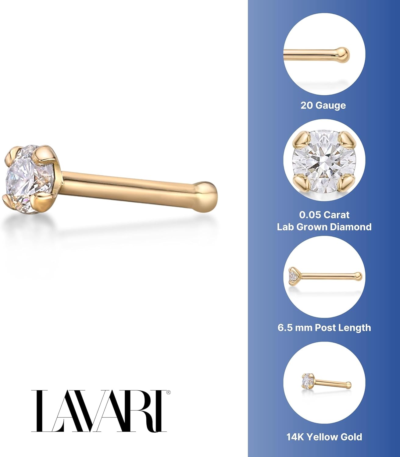 Lavari Jewelers 20 Gauge 0.01 to 0.07 Carat Lab Grown Diamond Straight Bone Nose Stud for Women - 14k Gold 1.3 to 2.7mm (D-E, VVS1-VVS2 to I2-I3, cttw) Nose Ring - Unisex Nostril Piercing Jewelry - Image 5