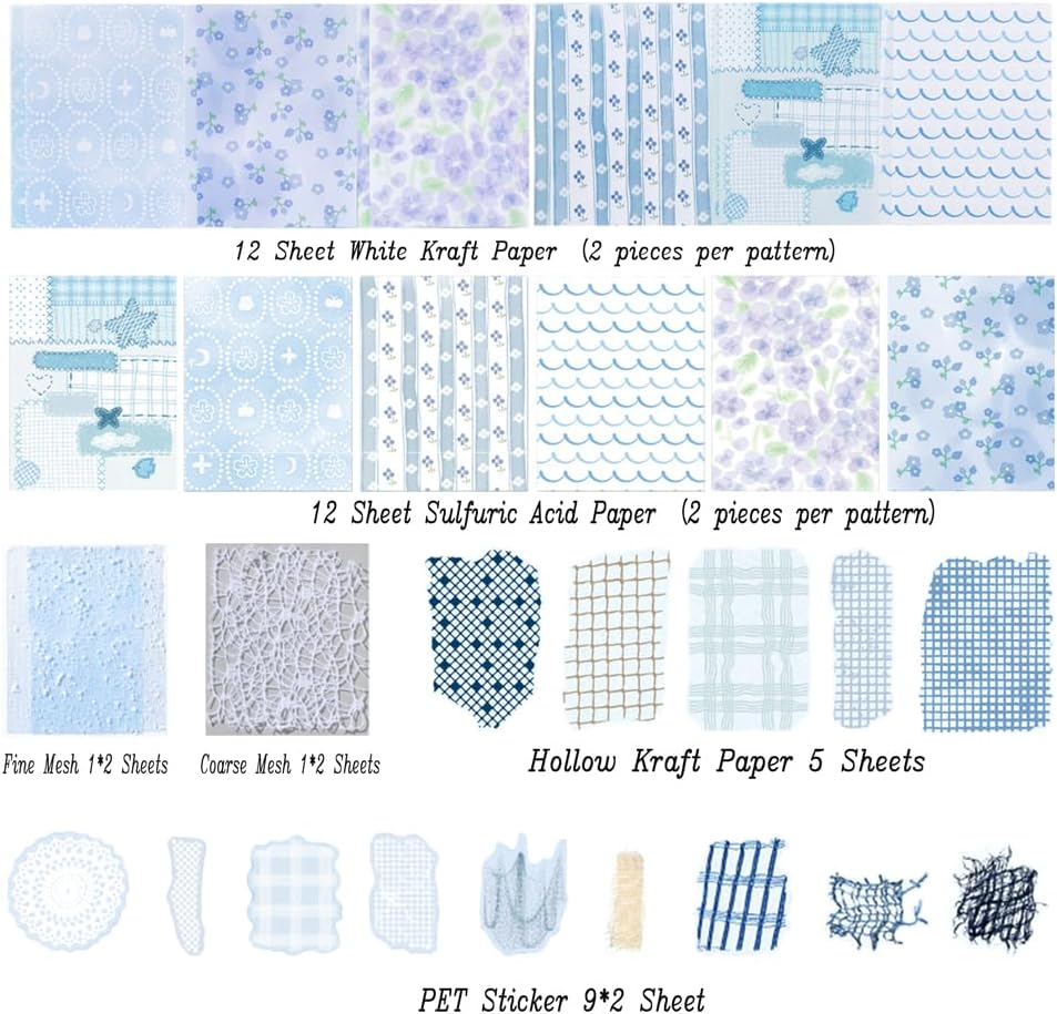 Diuhofart Blue Scrapbook Paper Set, 47 Pieces Textured Decorative Paper with Mesh and PET Sticker Accents for Junk Journal Supplies, Vintage Collage, Scrapbooking, Card Making image 2