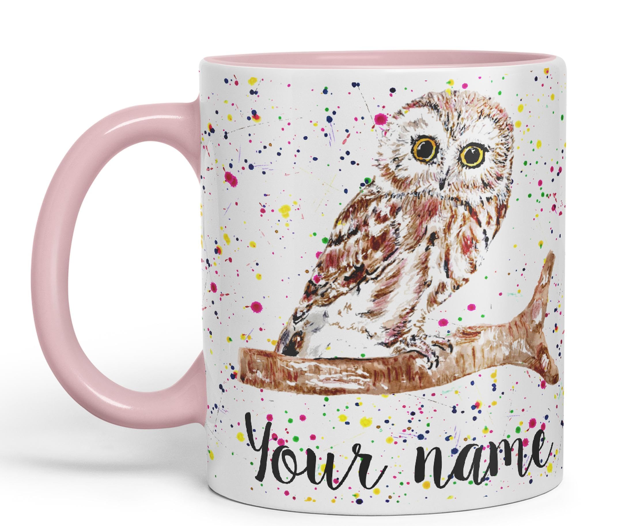 Vixar Personalised with Your Text Owl Bird Watercolour Art Coloured Ceramic Mug Cup Gift 330ml 11oz Custom Work Office Tea Coffee (O2) (Pink)