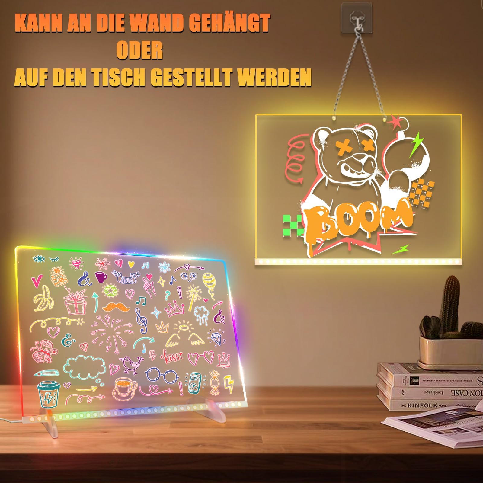 LED Zeichenbrett Kinder, Kreatives Lernspielzeug mit 14 Neon Stiften, Leuchttafel mit 8 Farben & 6 Lichtmodi, Wiederverwendbare Maltafel für Mädchen Jungen 4-8 Jahre, Geschenk Set