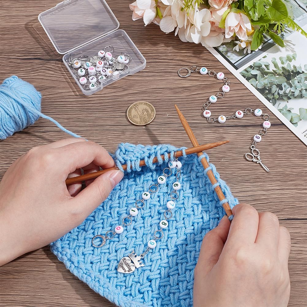 NBEADS 4 Pcs Knit-Themed Knitting Row Counter Chains, 0-9 Number Beads Row Counter Chains Accessories with Iron Linking Ring for Sewing Knitting Crochet Tracking Project Progress