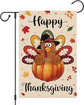 Heyfibro Happy Thanksgiving Turkey Garden Flag 12 x 18 Inch Vertical Double Sided Burlap, Fall Pumpkin Maple Leaves Yard Flags for Thanksgiving Day Harvest Seasonal Outdoor DecorationONLY FLAG