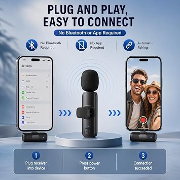 GLOBAL TECH Wireless Lavalier Microphones for iPhone/Android Phones/iPad/Tablets – 2 Pack Mini Wireless Clip-on Microphones Lapel Mic for Video Recording, Podcast, Vlogging, Youtube, Live Streaming