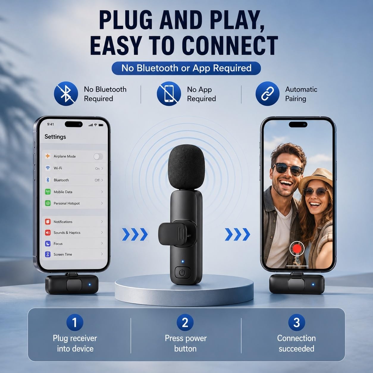 GLOBAL TECH Microfoni Lavalier wireless per iPhone/Android/iPad/tablet – Confezione da 2 mini microfoni wireless a clip per registrazione video, podcast, vlogging, Youtube, live streaming