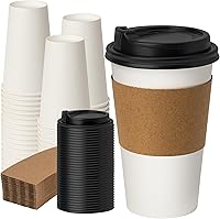 Vista 1 de RACETOP Paquete de 50 tazas de café de papel desechables de 16 onzas con tapas y mangas, vasos de papel desechables blancos, tazas calientes