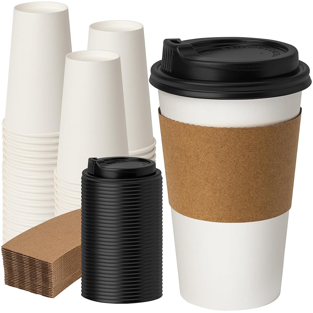 RACETOP 16 oz 50 Pack Disposable Paper Coffee Cups with Lids and Sleeves, White Disposable Paper Cups, To Go Hot Cups for Coffee Hot Liquid, Ideal for Cafes, Bistros