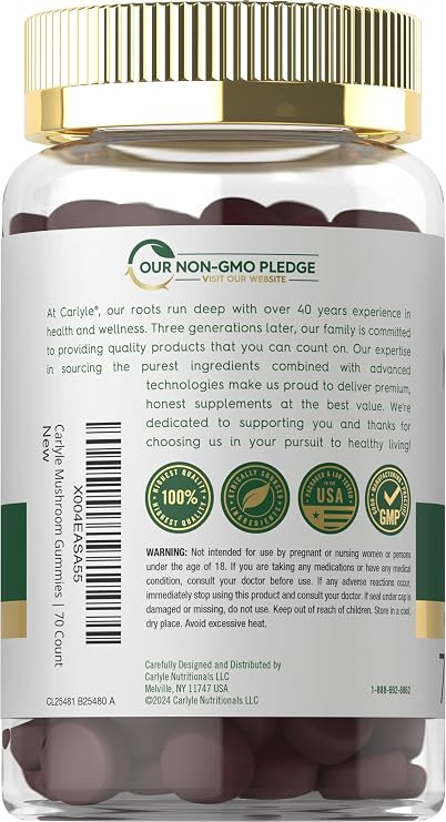 Carlyle Mushroom Complex Gummies | 70 Count | 10-in-1 Blend | Vegan, Non-GMO and Gluten Free Gummy Supplement