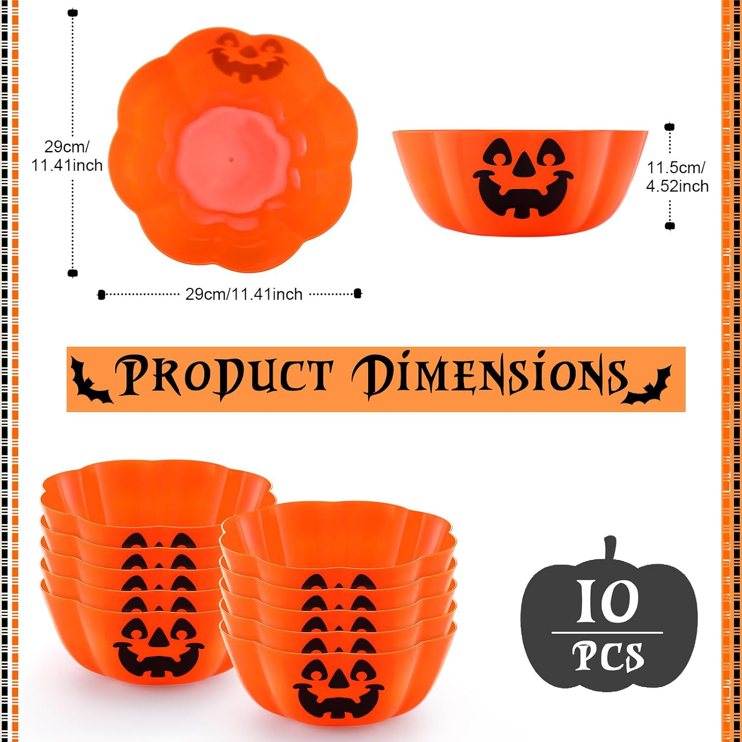 Dandat 10 Pcs Halloween Pumpkin Bowls, Plastic Orange Candy Dish