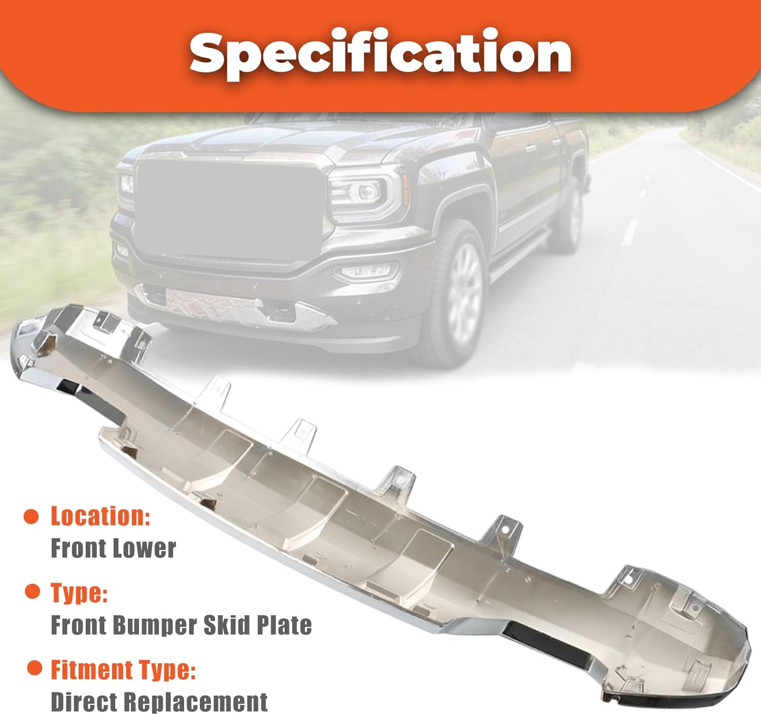 labwork Front Bumper Lower Valance Skid Plate Chrome Replacement for Sierra 1500 2016-2019 GM1015122