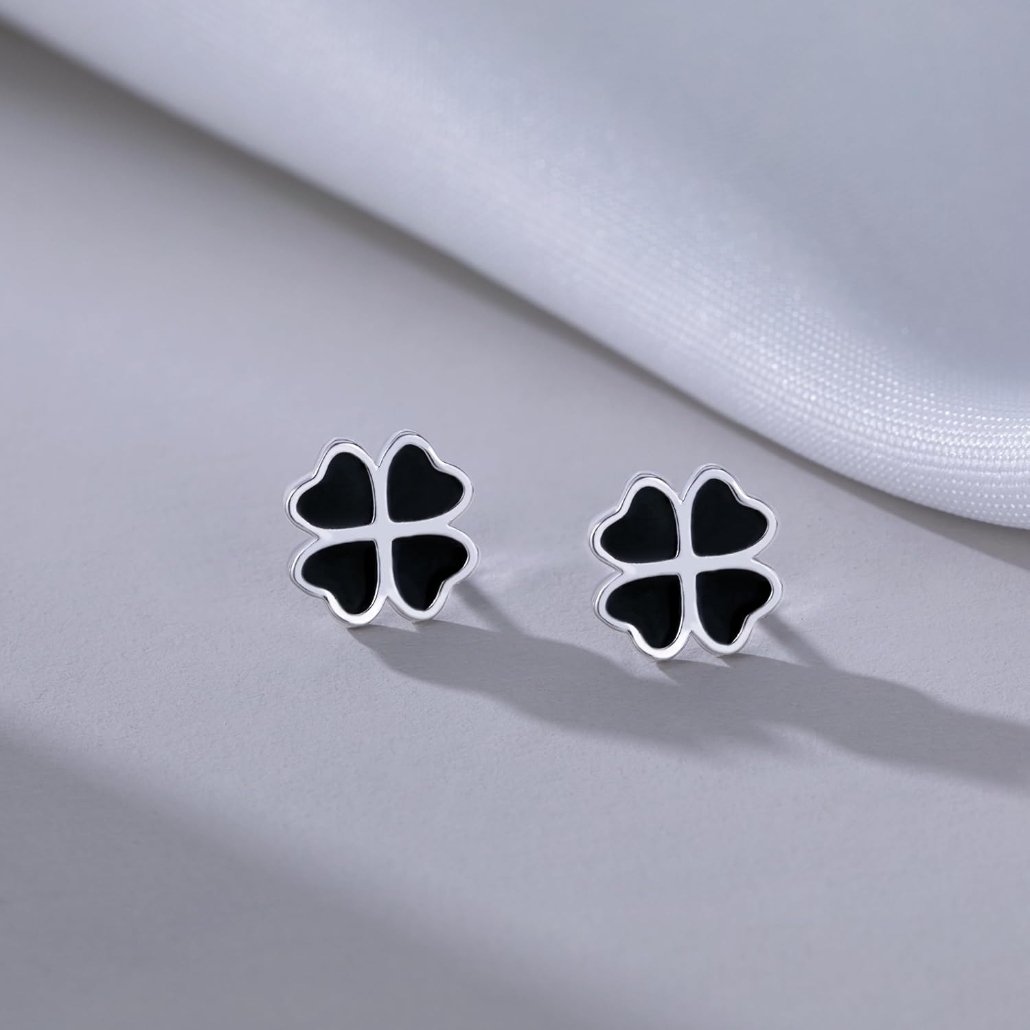 Reffeer Solid 925 Sterling Silver Leaf Clover Earrings Studs for Women Teen Girls Black Leaf Stud Earrings Clover
