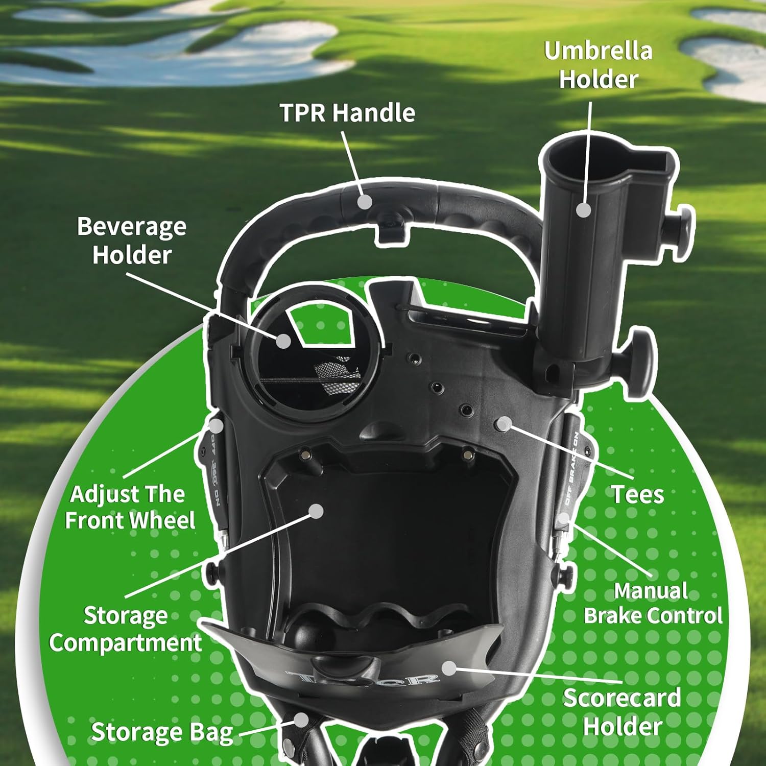 Tivor Golf Push Cart with 360° Front Wheels & Handbrake, 3 Wheel Pull Cart Offers One-Click Folding and All-Terrain Mobility