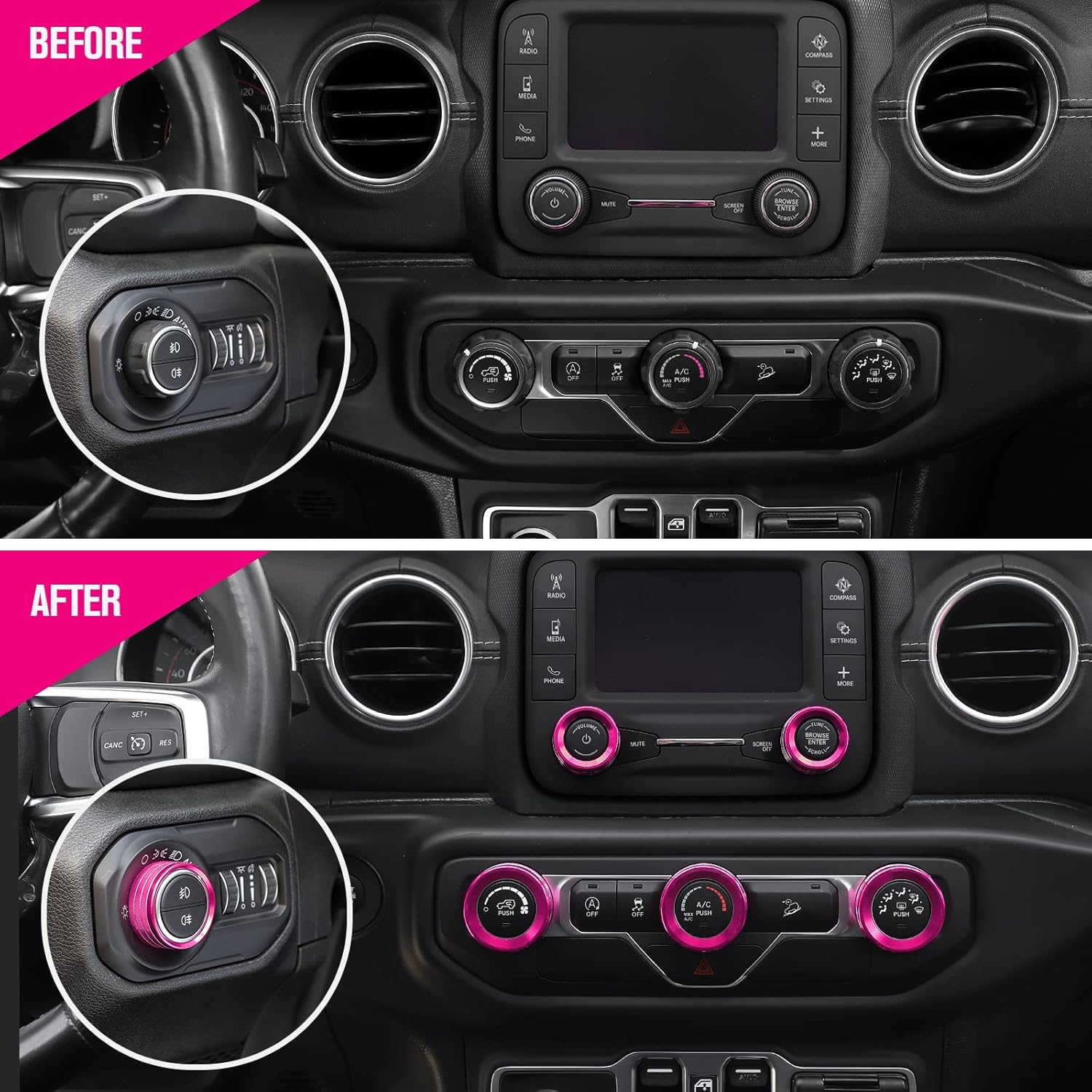 JeCar Console Switch Knob Cover Air Conditioner Headlight Button Trim Aluminum Alloy Interior Accessories Compatible with Jeep Wrangler JL JLU 2018-2023 & Gladiator JT with Specific Dial Panel, Pink