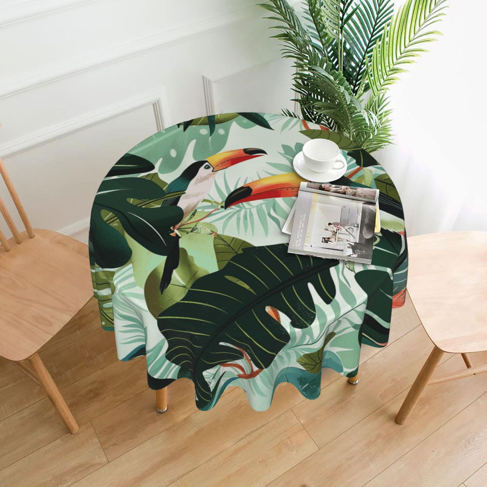 WPKJU Tropical Leaves Bird Printed Round Tablecloth 60 in Water Resistant Table Cover Washable Table Cloth for Dining Tables