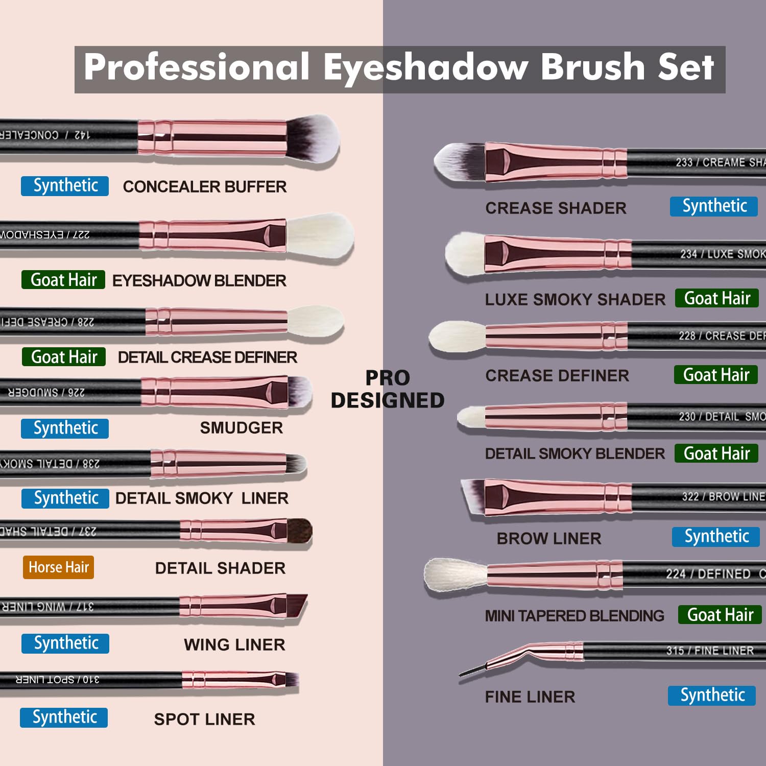 Lot de 15 pinceaux de maquillage professionnels pour fard à paupières, manche noir perlé, poils de chèvre et de poney