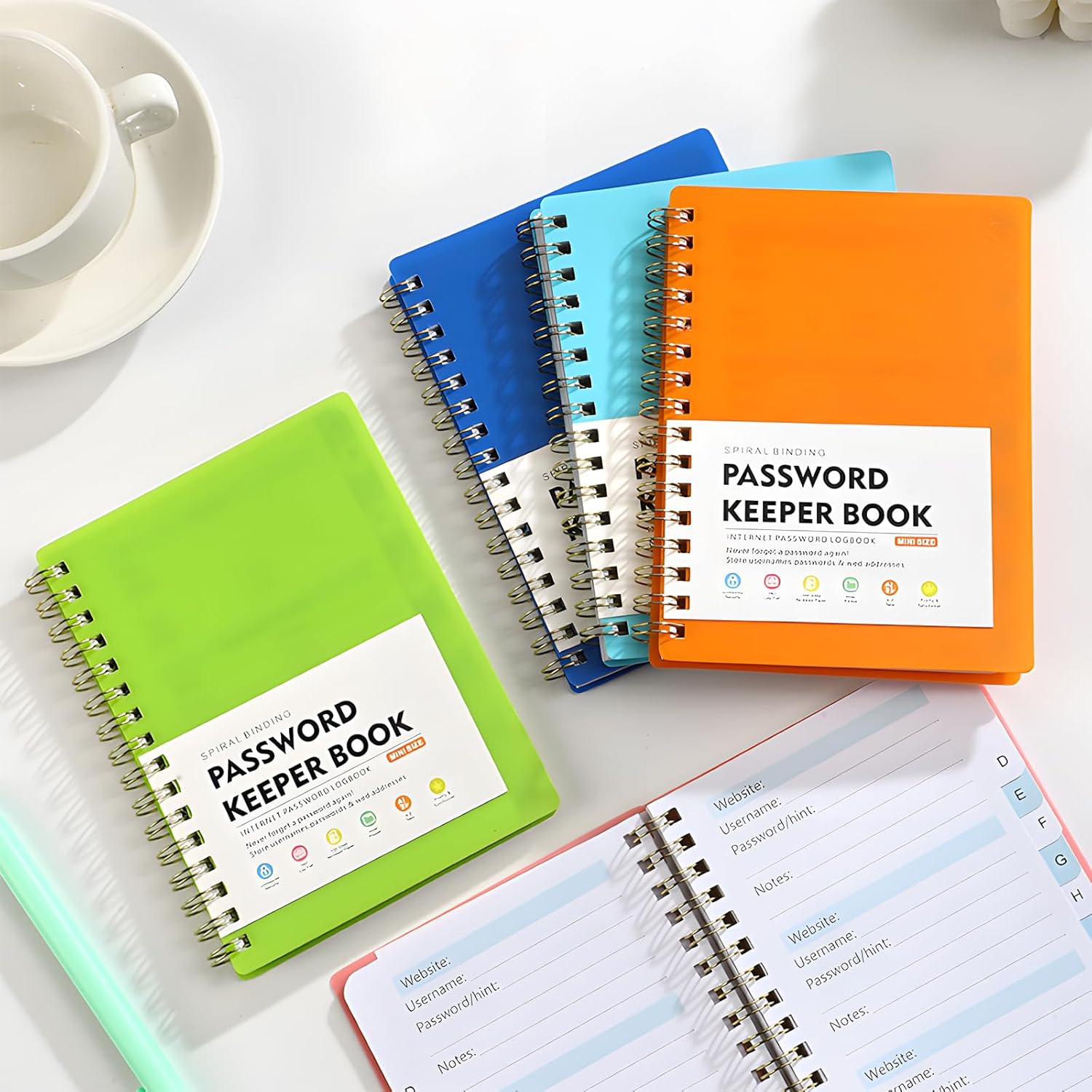 Mini Size Spiral Password Keeper Book, 5.7"x4.3" Password Book with Individual Alphabetical Tabs, Internet Address and Password Organizer, Password Logbook for Home Office (8 Pcs)