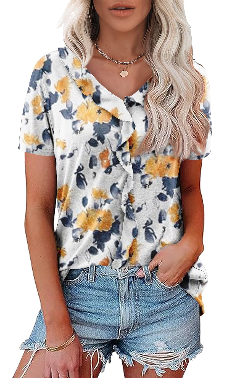 KISSMODA Women Summer Tunic Tops Ruffle Sleeve Tees Casual V Neck Plus Size T Shirts Basic Flowy Shirts