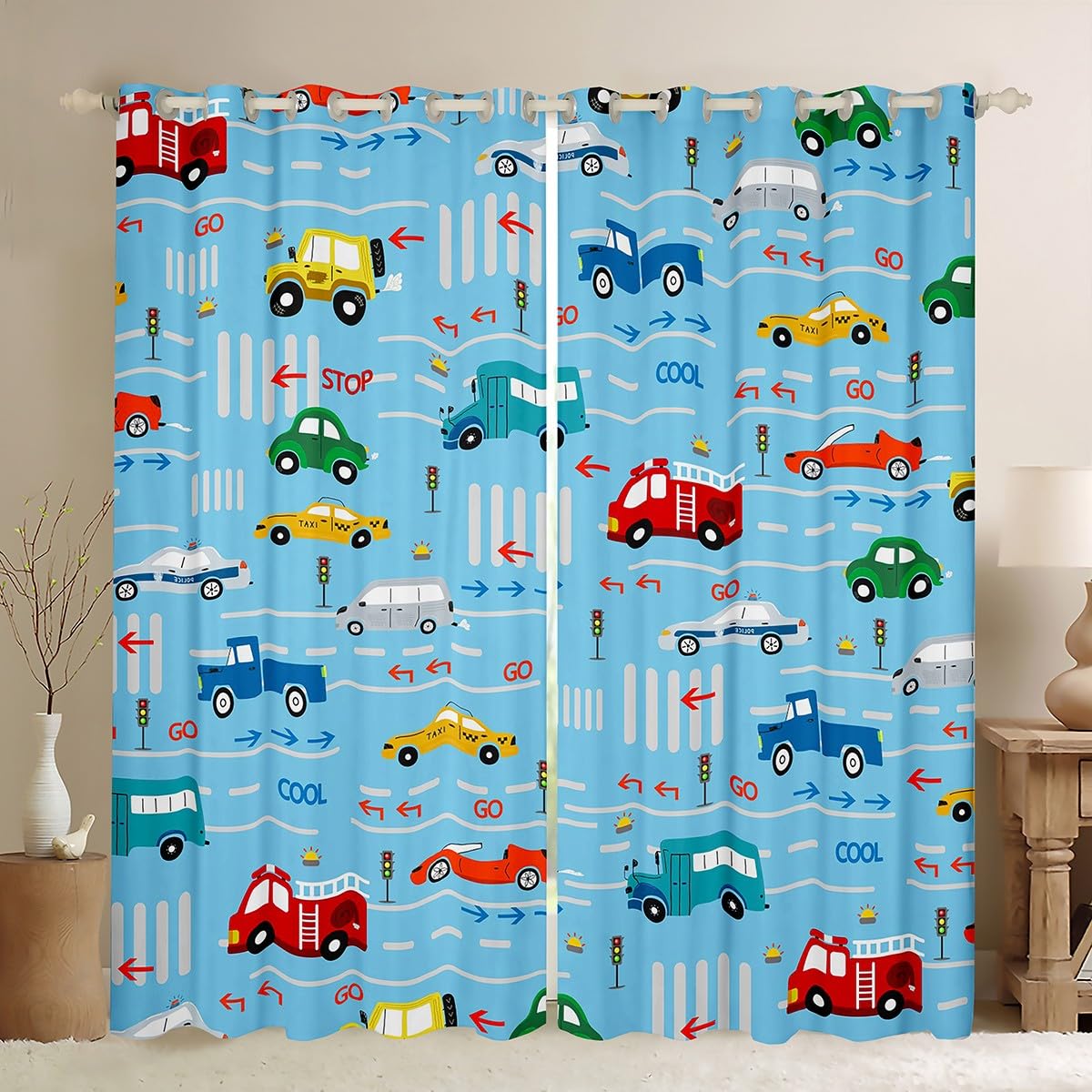 Homemissing Cartoon Car Blackout Curtains(30%-50%) Cartoon Car Window Curtains Fire Truck Car Window Dreapes for Kids Boys Girls Police Car Window Treatments Traffic Light Blue W66*L72
