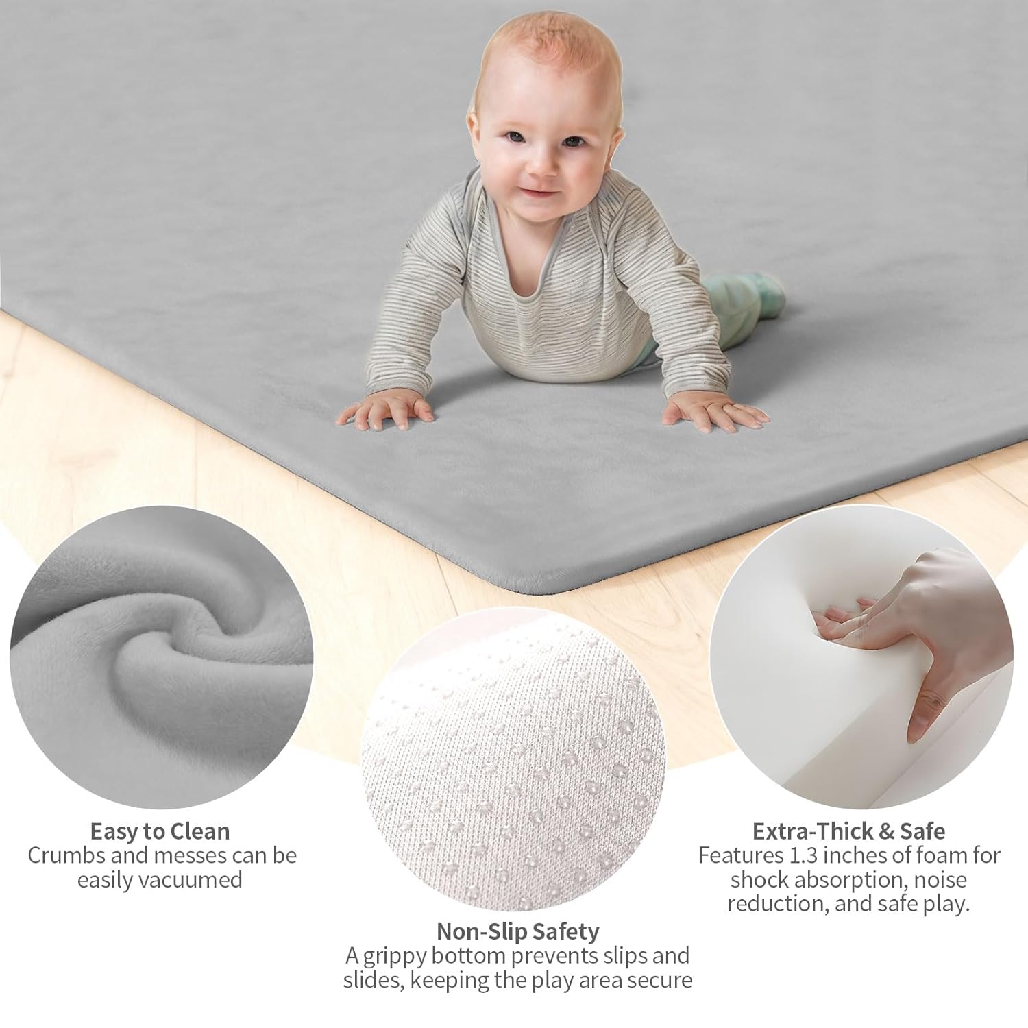 Velvet Baby Play Mat for Floor, 1.3" Thick Elasti-Foam 50"×50" Playpen Mat with Removable & Washable Velvet Cover for Toddler, Infant,Kids, Non-Slip Crawling Mat for Tummy Time (Grey)