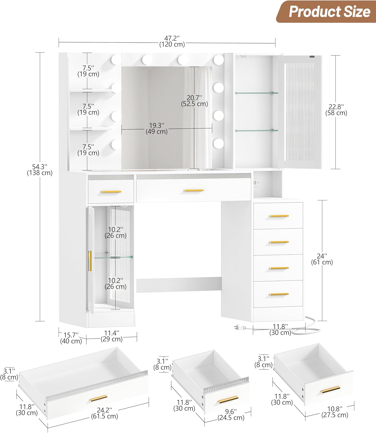 Vanity Desk with Mirror and Lights, Makeup Vanity with 6 Drawers, Transparent Top Vanity with 2 Cabinets & Storage Shelves, Power Outlet, for Women and Girls Bedroom, White