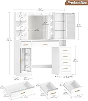 Vista 2 de Escritorio de tocador con espejo y luces, tocador de maquillaje con 6 cajones, tocador superior transparente con 2 armarios y estantes