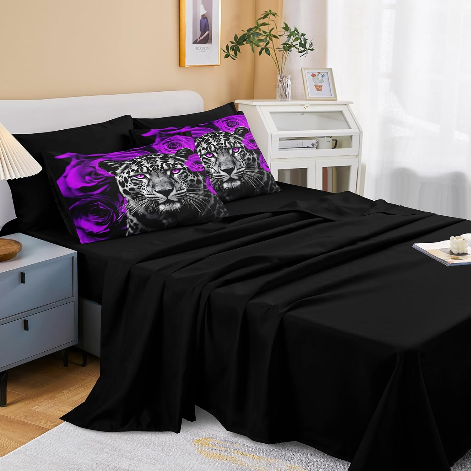 Merryword Cheetah Leopard Comforter Set Twin 6 Pcs Bed in a Bag Purple Rose Flower Comforter Set Purple Romantic Bedding Comforter Tiger Lion Wild Animal Duvet Set