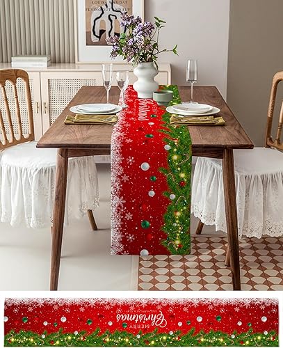 Miniatura 3 de Camino de mesa de Feliz Navidad de 60 pulgadas de largo para decoración de mesa de comedor, camino de mesa de lino y algodón, lavable, camino de