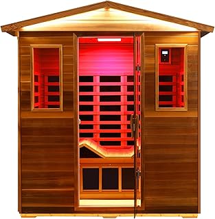 Red Cedar Ultra Low EMF Far Infrared Outdoor Sauna 3 Person with Ergonomic Seat, Mid-IR Beauty Lamp, 1950 W, 7 Infrared Carbon Plate Heaters, Chromotherapy Lamp, Reading Lamp, Bluetooth Speaker
