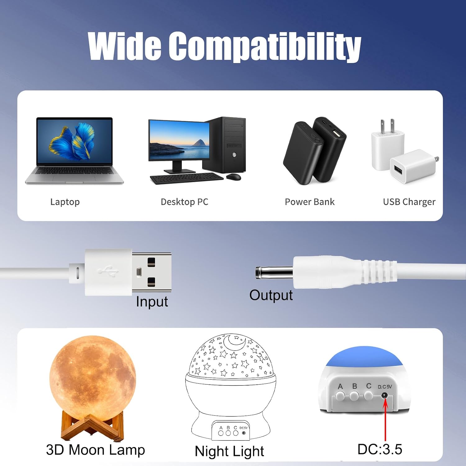 Moon Lamp Charger Cable Compatible with Kids Star Projector Night Light, USB to DC 5V Charging Cord for 3D Moon Lamps and LED Nightlight Decorations, 5FT White Cable